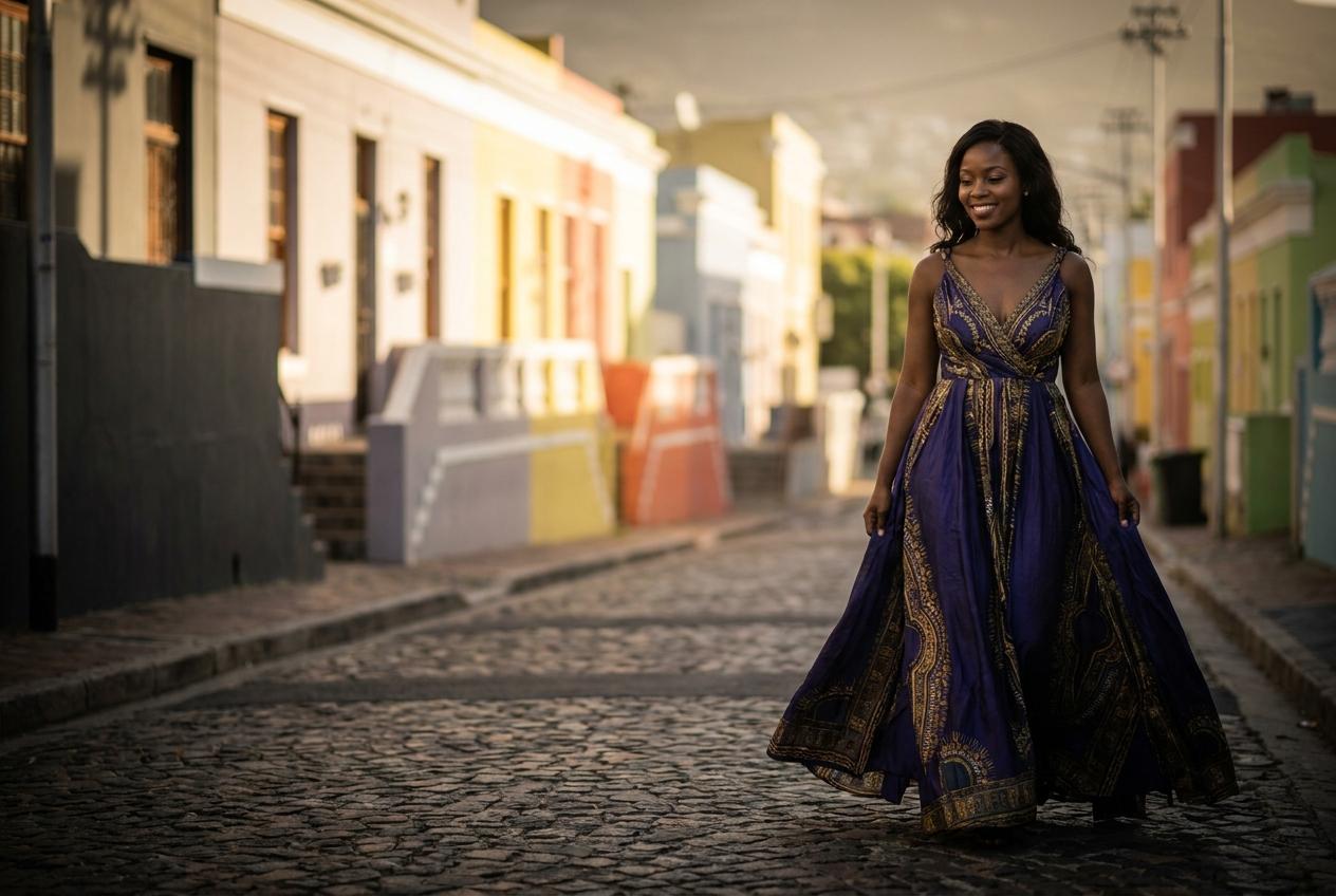 Model in a locally-designed dress on a Bo-Kaap street.
